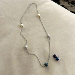 Tricolor pearl necklace + earrings 18 in sterling silver chain